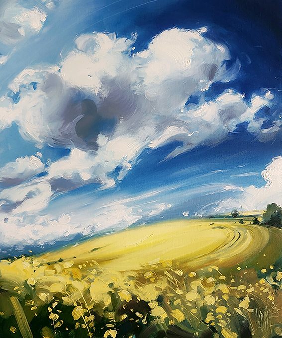 Obraz przedstawia mazurskie pole z kwitnącym, żółtym rzepakiem. Całość malowana jest impresjonistycznie. Chmury w górnej partii obrazu namalowane są w dynamiczny sposób. Jakby wiatr przemieszczał je właśnie po błękitnym niebie. Na pierwszym planie widać żółte kwiaty namalowane w syntetyczny i ekspresyjny sposób.