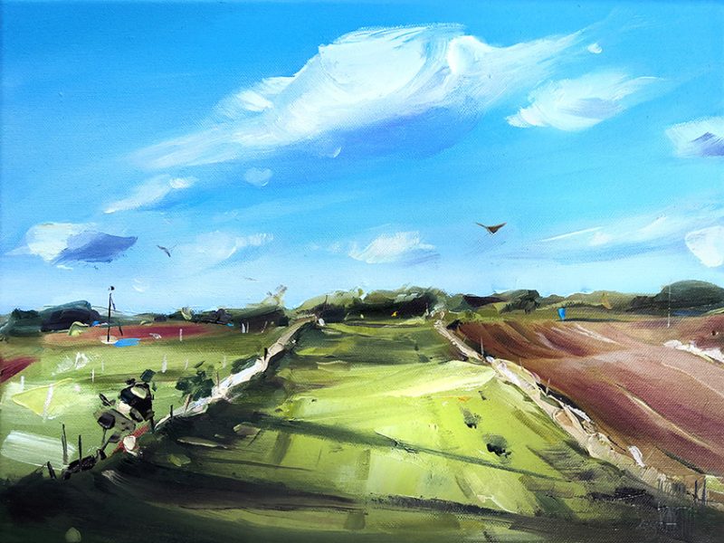 Obraz przedstawia pejzaż mazurski malowany techniką olejną na płótnie. Dolna część obrazu to wiosenne, zielone pola w promieniach słońca. Góra to słoneczne, błękitne niebo z dynamiczną białą chmurą. Na horyzoncie lecą w naszą stronę sylwetki bocianów.