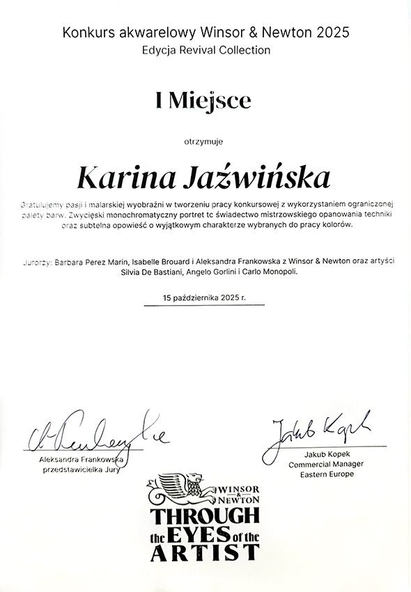 Dyplom dla artystki Kariny Jaźwińskiej za zajęcie pierwszego miejsca w konkursie Winsor & Newton.