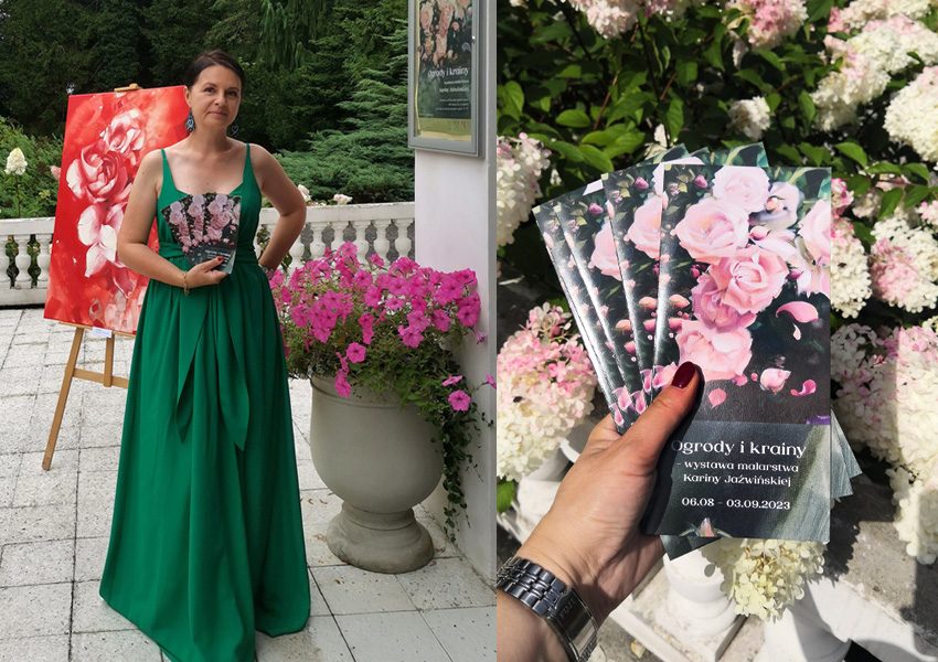 Zdjęcie z wydarzenia w ogrodach botanicznych PAN. Po prawej folder towarzyszący wystawie. Po lewej artystka Karina Jaźwińska.