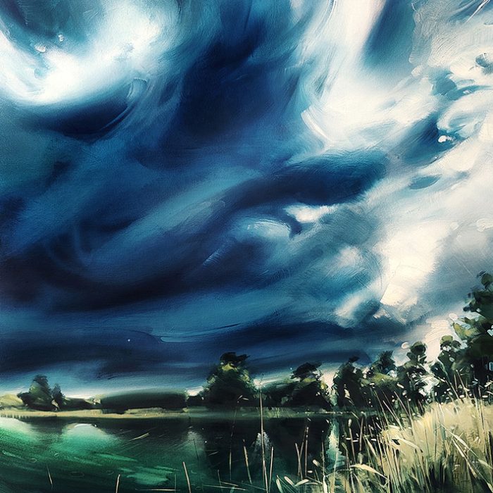 Obraz olejny przedstawiający mazurski pejzaż z jeziorem. Dominantą jest granatowe, dynamiczne niebo z szalonymi chmurami. U dołu widać szafirową wodę spokojnego jeziora. Po prawej znajdują się szuwary. Pojedyncze trzciny widać po środku obrazu.