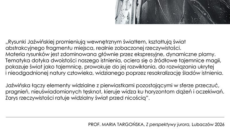 Tekst autorstwa prof. Marii Targońskiej będący fragmentem laudacji dla Kariny Jaźwińskiej za przyznanie nagrody TPRW Lubaczów