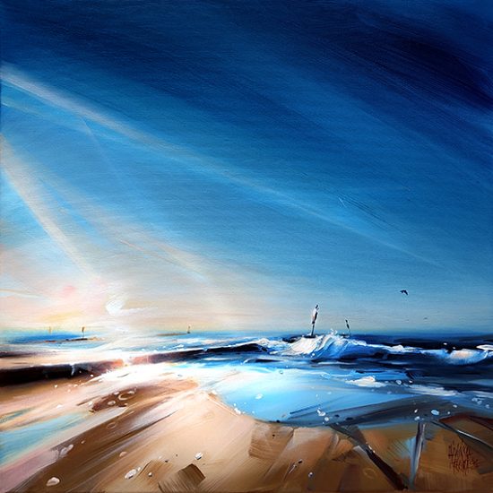 Obraz olejny malowany impasto i dynamicznym pociągnięciem pędzla. Minimalistyczny brzeg morza. Błękitne niebo i piaskowy brzeg z falochronem na horyzoncie.