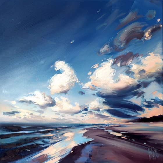 Obraz olejny przedstawia brzeg morski. Góra jest dominująca i malowana dynamicznymi pociągnięciami pędzla. Dominują błękity i kobalty. Dół jest malowany z prawej strony odcieniami fioletów i przedstawia plażę późnym popołudniem.