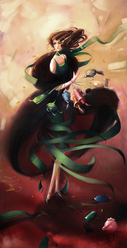 Obraz olejny wertykalny. Przedstawia szczupłą kobietę w stylistyce lat 20-30 minionego wieku. Ma starannie ułożoną fryzurę. Trzyma naręcze torebek damskich z lat XX. Jej suknia u dołu jest w formie rozwiewanych, zielonych szarf. Całość jest w ciepłej tonacji.