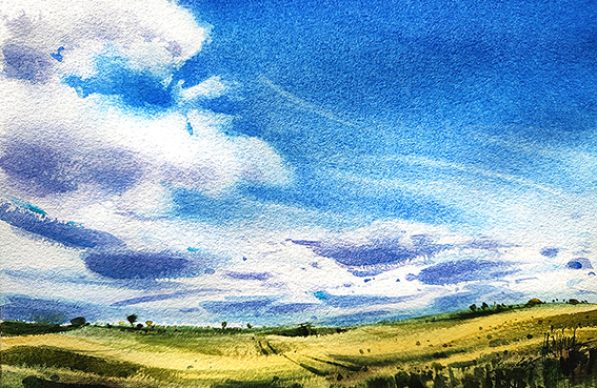 Pejzaż namalowany akwarelą przedstawia błękitne, słoneczne niebo na którym dominują białe dynamiczne chmury. U dołu na horyzoncie rozciągają się pola rzepaku i traw. W prawym dolnym rogu jest podpis artystki Karina Jaźwińska 2025