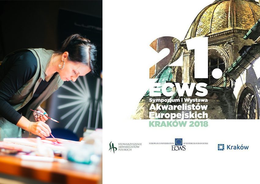 Artystka Karina Jaźwińska podczas malowania na żywo oraz plakat sympozjum i wystawy akwarelistów europejskich.