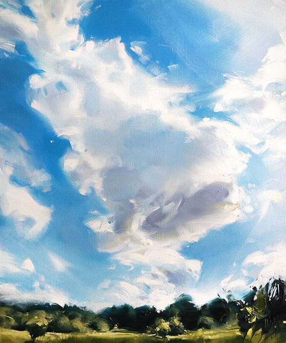 Obraz olejny przedstawiający ogromną, białą chmurę na błękitnym tle nieba. U dołu widać pas słonecznej polany w towarzystwie zielonych drzew. Całość namalowana jest z gestem szerokiego pędzla i jego dynamicznymi pociągnięciami.