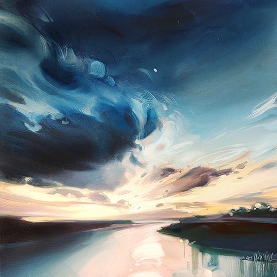 Obraz olejny przedstawiający widok na zmierzch nad rzeką, która wije się jak wstęga. Góra obrazu jest bardzo dynamiczna. Mocnymi pociągnięciami pędzla są namalowane granatowe chmury na tle różowo pomarańczowego nieba. U dołu biegnie ku horyzontowi się rzeka Wisła. W kolorach odbitego nieba.