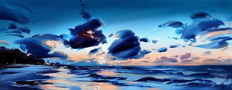 Zmierzch nad morzem malowany dynamicznie techniką olejną. Całość w kolorach niebieskich z domieszką pomarańczowego. Malarka- Karina Jaźwińska.