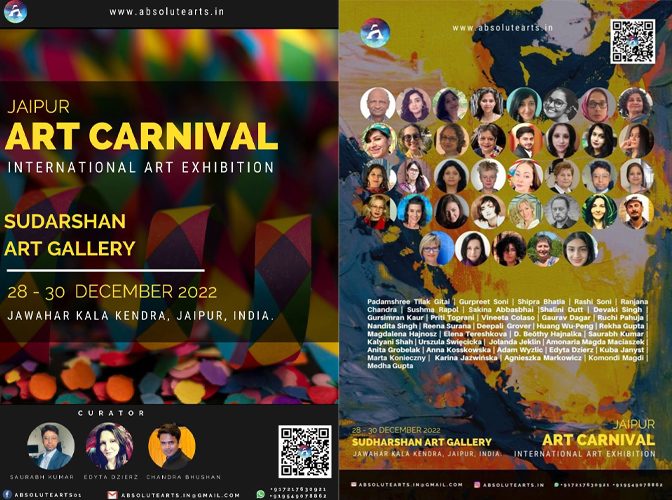 Oficjalny plakat międzynarodowej wystawy Jaipur Art Carnival 2022 w Indiach z listą artystów, w tym malarką Kariną Jaźwińską