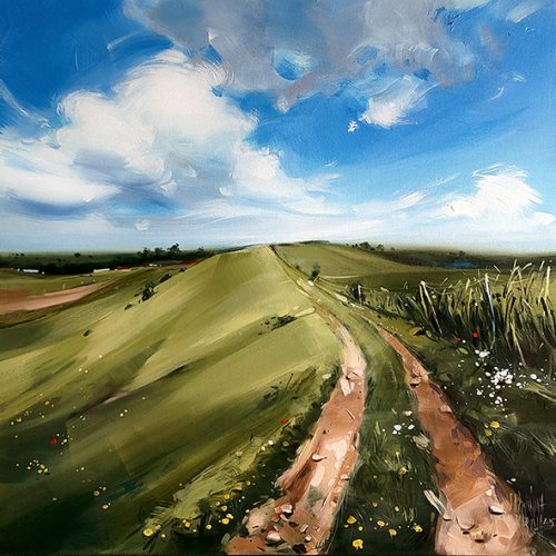 Obraz olejny pokazuje krętą drogę wiodącą przez wzgórza porośnięte łąkami. Góra obrazu to białe, dynamiczne chmury na błękitnym niebie.